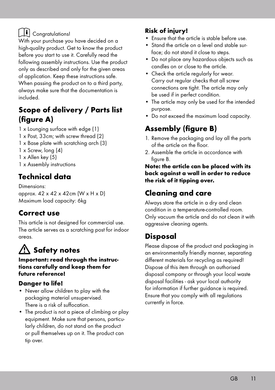 Scope of delivery / parts list (figure a), Technical data, Correct use | Assembly (figure b), Cleaning and care, Disposal | Zoofari Scratching Post B User Manual | Page 9 / 10