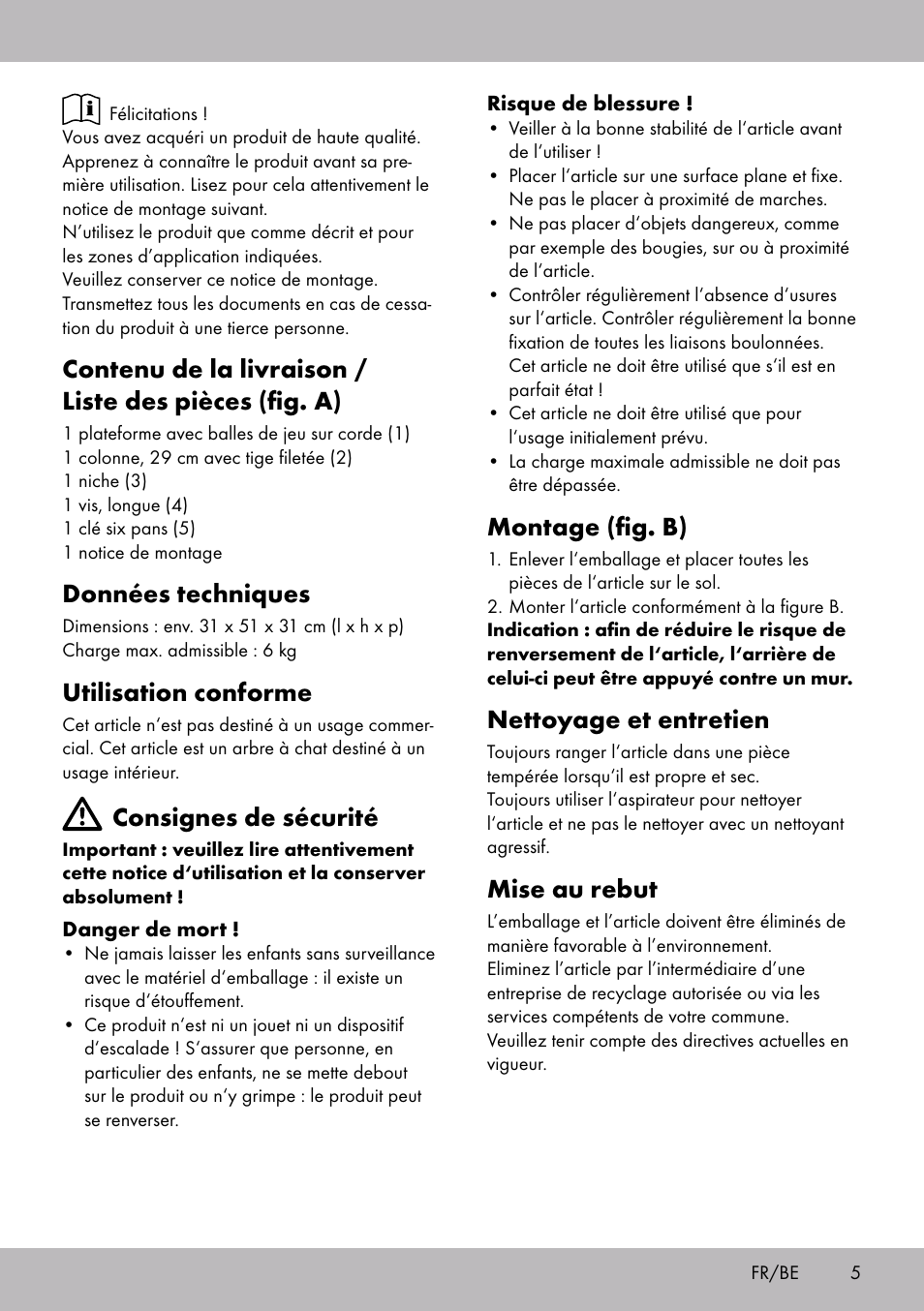 Données techniques, Utilisation conforme, Consignes de sécurité | Montage (fig. b), Nettoyage et entretien, Mise au rebut | Zoofari Scratching Post C User Manual | Page 3 / 10