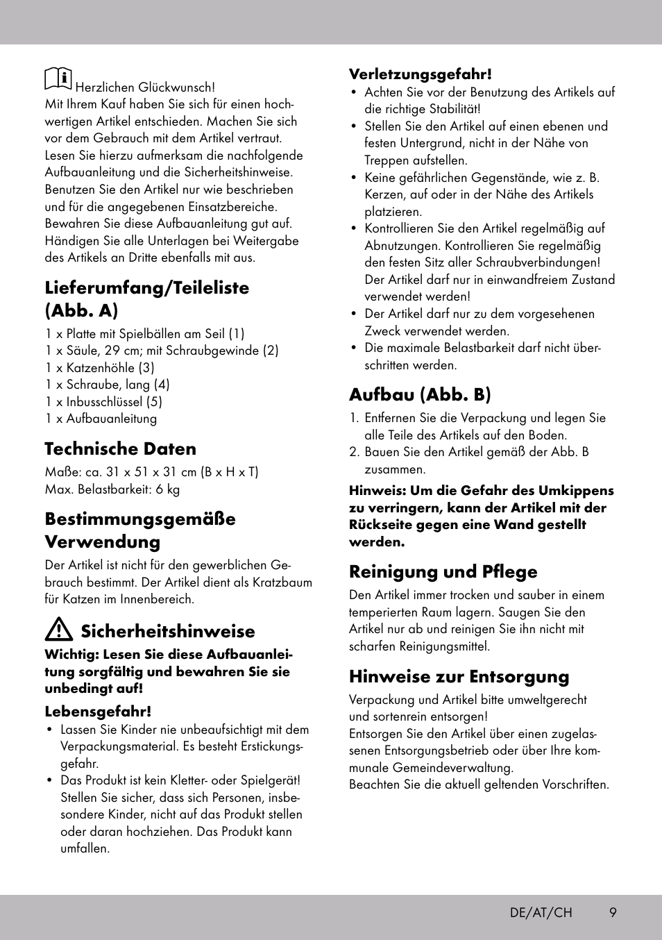 Aufbau (abb. b), Reinigung und pflege, Hinweise zur entsorgung | Lieferumfang/teileliste (abb. a), Technische daten, Bestimmungsgemäße verwendung, Sicherheitshinweise | Zoofari Scratching Post C User Manual | Page 7 / 10