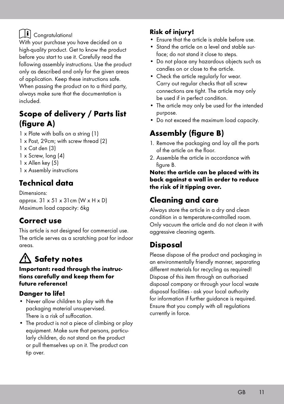 Scope of delivery / parts list (figure a), Technical data, Correct use | Assembly (figure b), Cleaning and care, Disposal | Zoofari Scratching Post C User Manual | Page 9 / 10