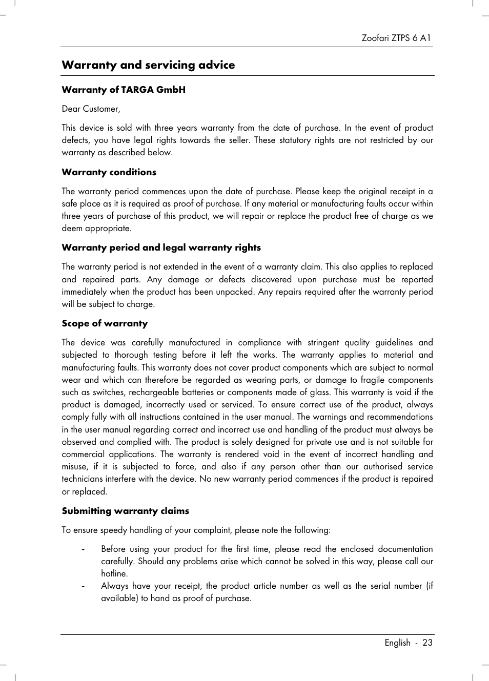 Warranty and servicing advice | Zoofari Pet Grooming Set ZTPS 6 A1 User Manual | Page 25 / 40