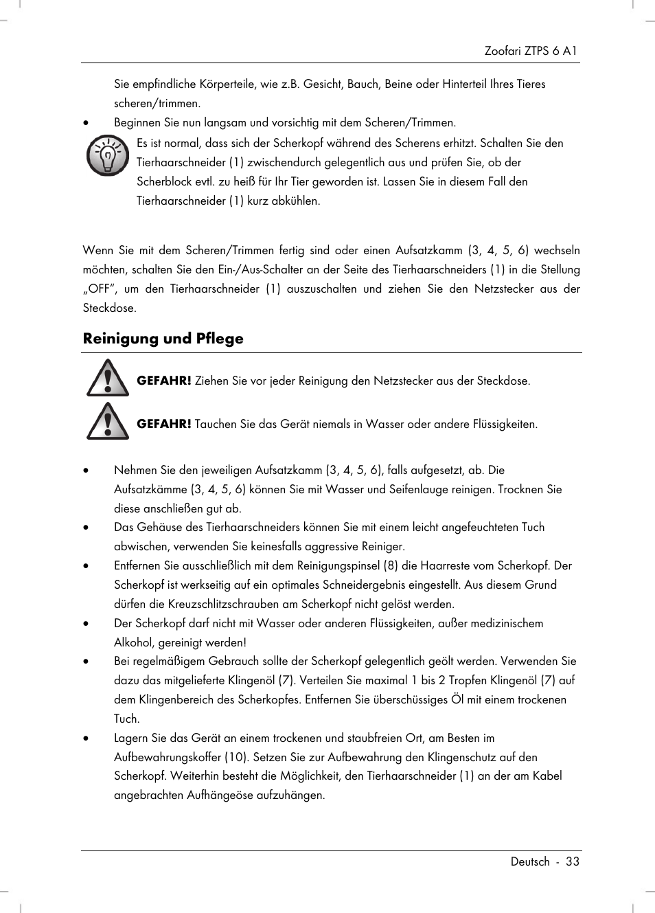 Reinigung und pflege | Zoofari Pet Grooming Set ZTPS 6 A1 User Manual | Page 35 / 40