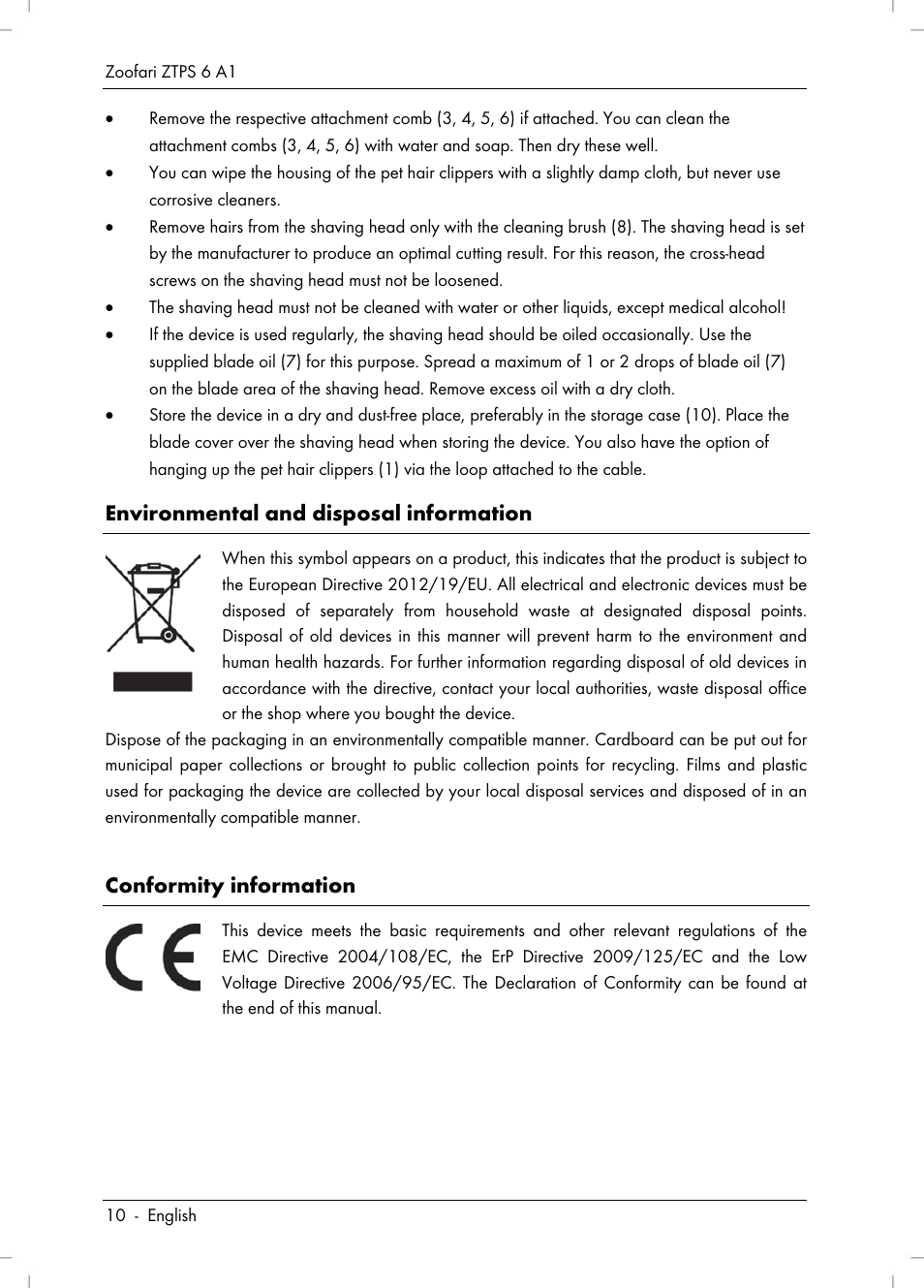 Environmental and disposal information, Conformity information | Zoofari Pet Grooming Set ZTPS 6 A1 User Manual | Page 12 / 84