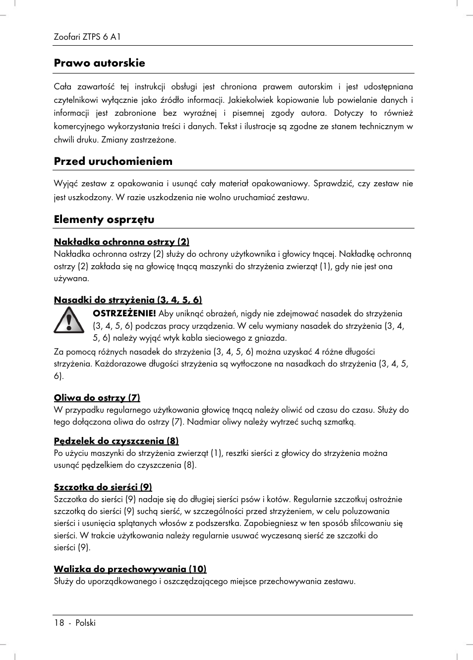 Prawo autorskie, Przed uruchomieniem, Elementy osprzętu | Zoofari Pet Grooming Set ZTPS 6 A1 User Manual | Page 20 / 84