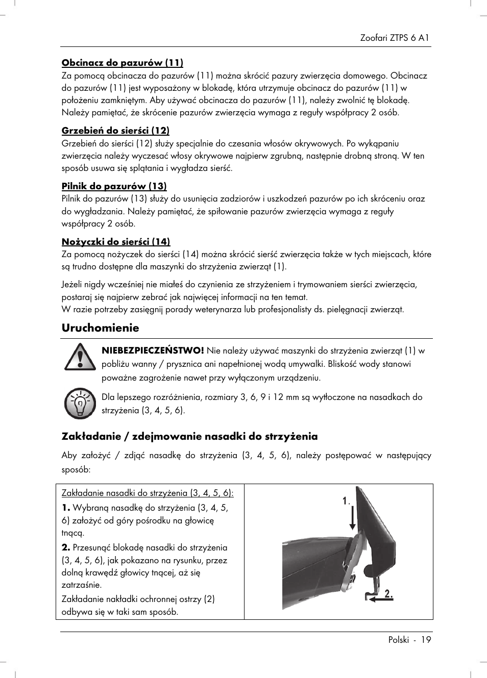 Uruchomienie, Zakładanie / zdejmowanie nasadki do strzyżenia | Zoofari Pet Grooming Set ZTPS 6 A1 User Manual | Page 21 / 84