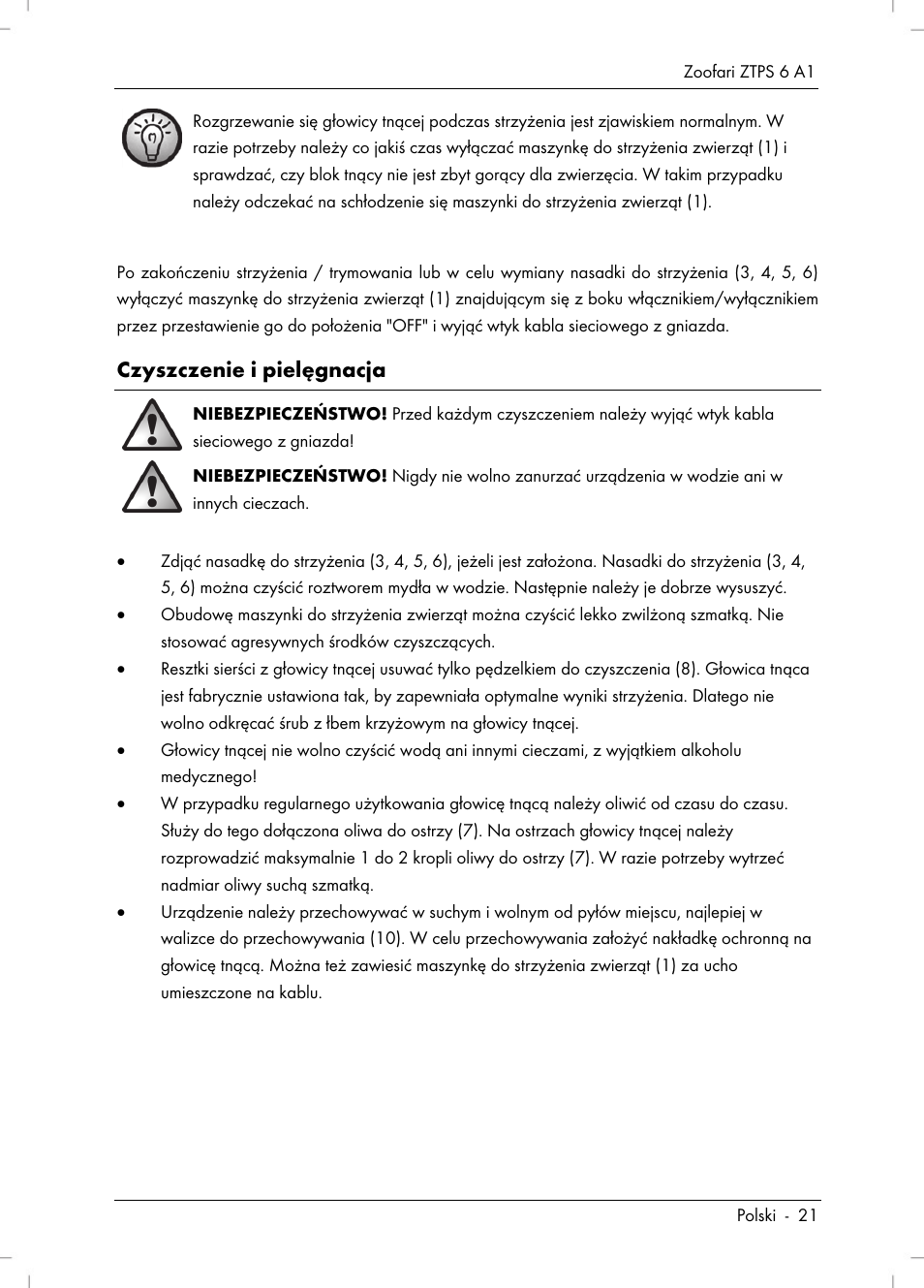 Czyszczenie i pielęgnacja | Zoofari Pet Grooming Set ZTPS 6 A1 User Manual | Page 23 / 84