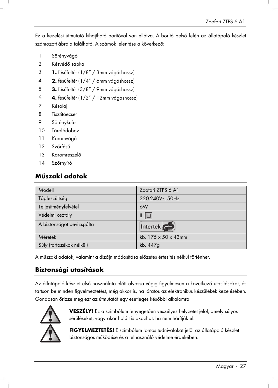 Műszaki adatok, Biztonsági utasítások | Zoofari Pet Grooming Set ZTPS 6 A1 User Manual | Page 29 / 84