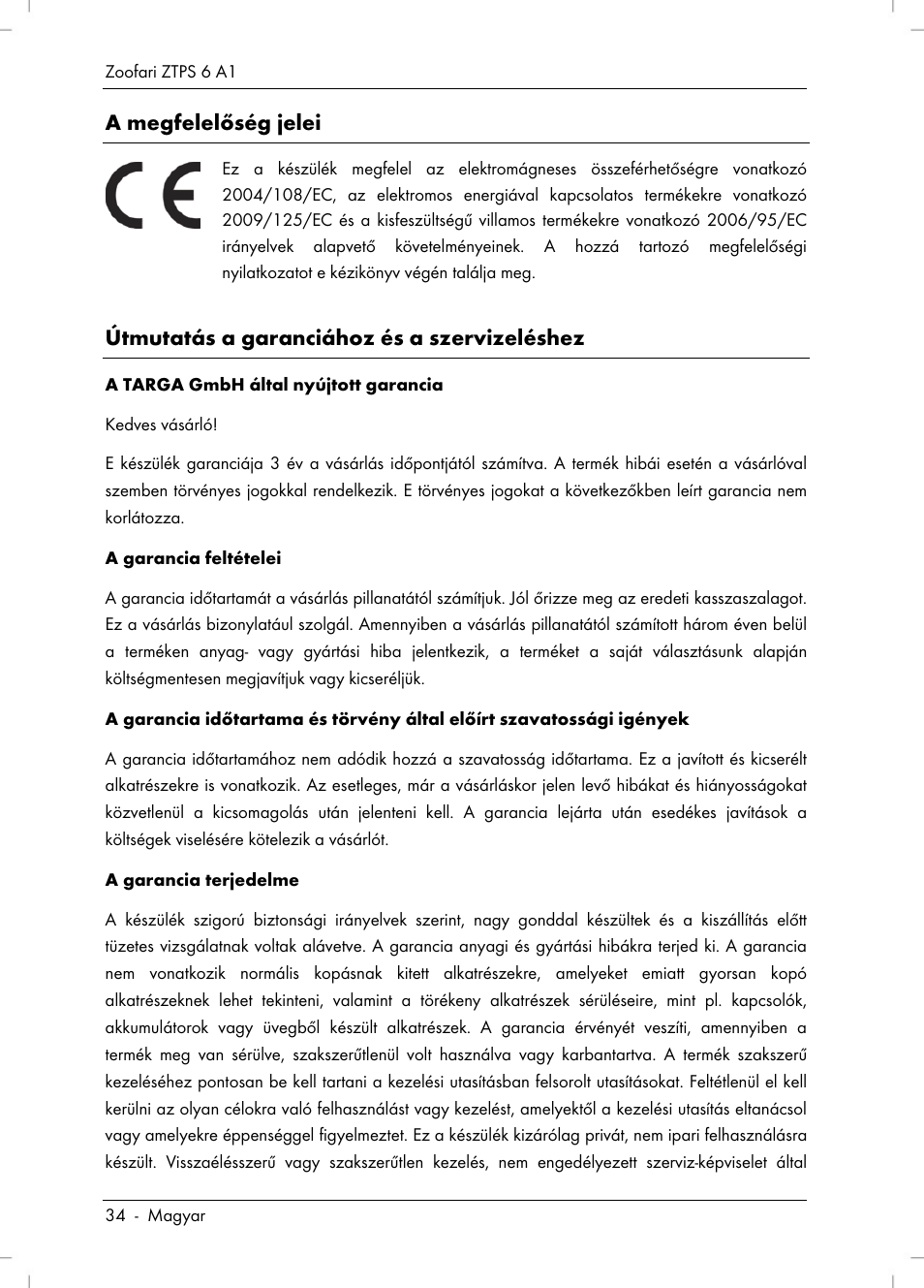 A megfelelőség jelei, Útmutatás a garanciához és a szervizeléshez | Zoofari Pet Grooming Set ZTPS 6 A1 User Manual | Page 36 / 84