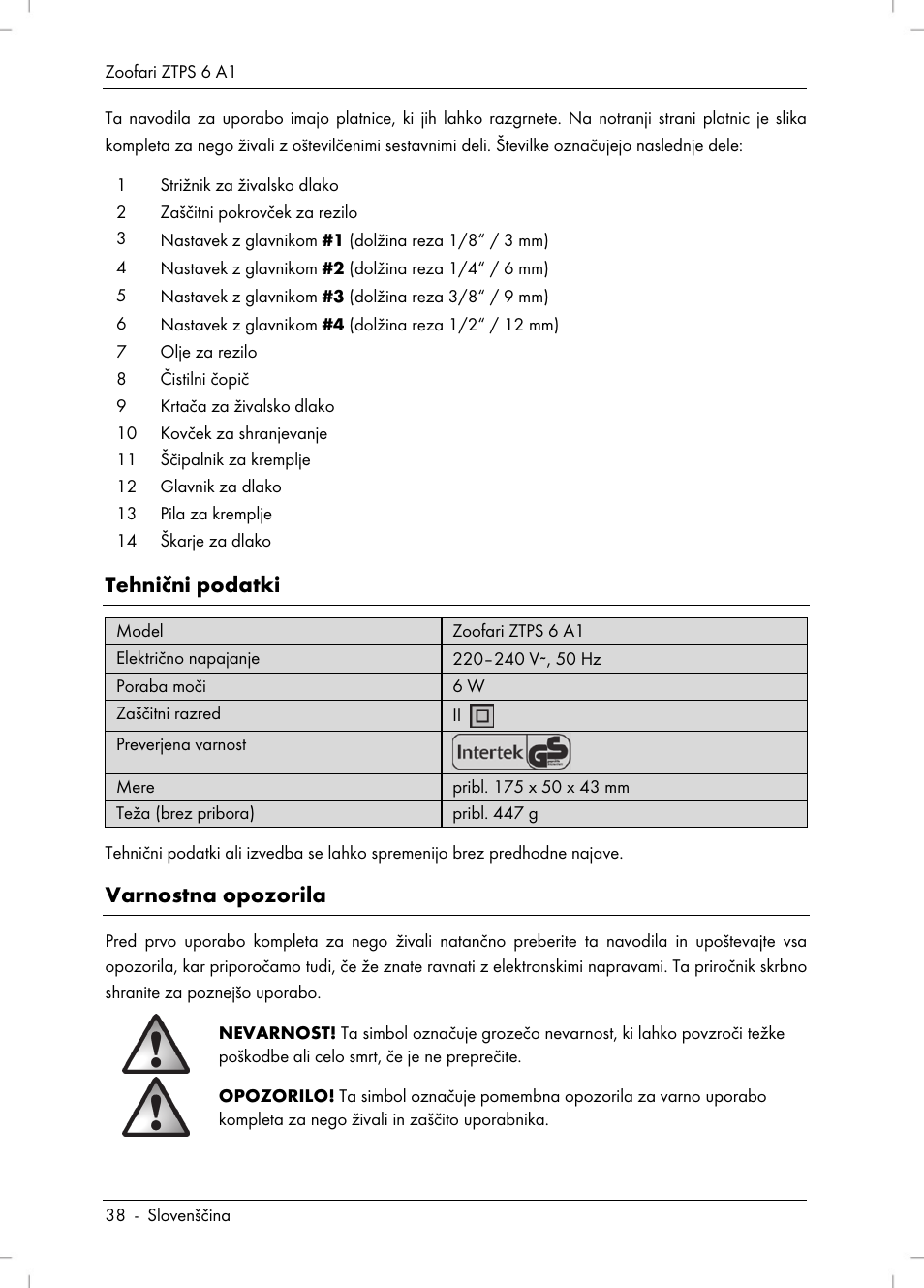 Tehnični podatki, Varnostna opozorila | Zoofari Pet Grooming Set ZTPS 6 A1 User Manual | Page 40 / 84