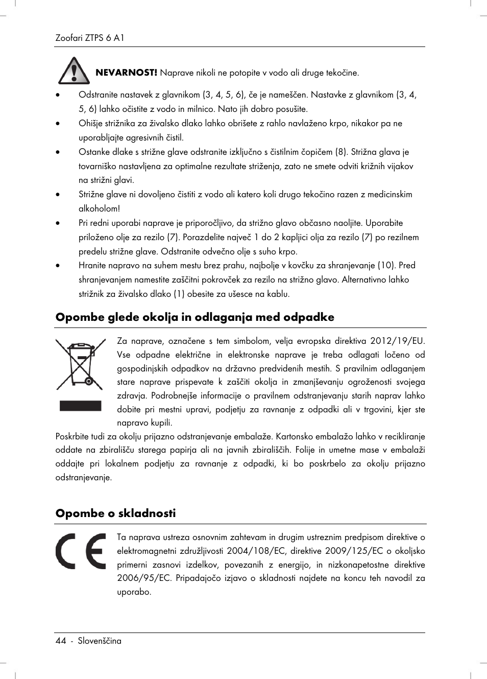 Opombe glede okolja in odlaganja med odpadke, Opombe o skladnosti | Zoofari Pet Grooming Set ZTPS 6 A1 User Manual | Page 46 / 84