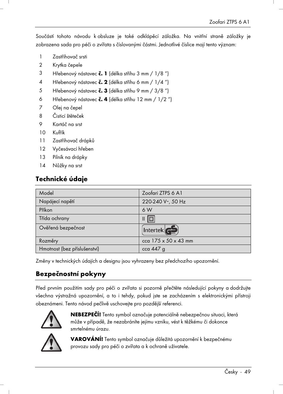 Technické údaje, Bezpečnostní pokyny | Zoofari Pet Grooming Set ZTPS 6 A1 User Manual | Page 51 / 84