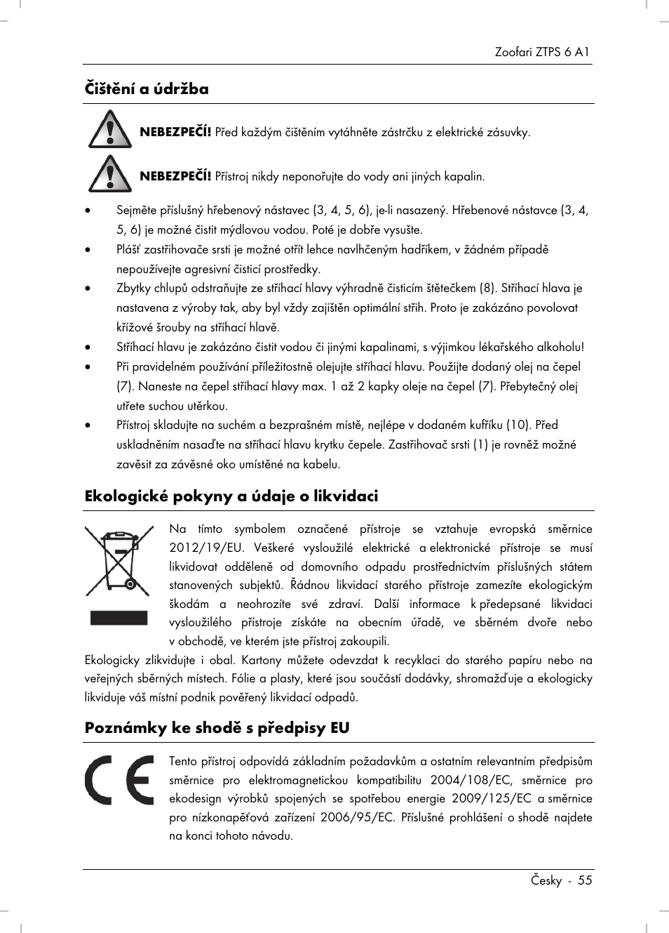 Čištění a údržba, Ekologické pokyny a údaje o likvidaci, Poznámky ke shodě s předpisy eu | Zoofari Pet Grooming Set ZTPS 6 A1 User Manual | Page 57 / 84