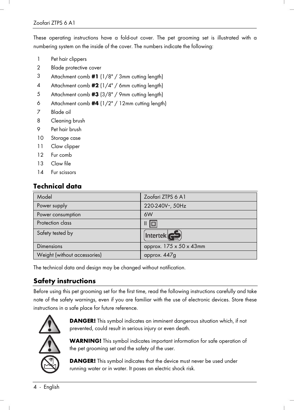 Technical data, Safety instructions | Zoofari Pet Grooming Set ZTPS 6 A1 User Manual | Page 6 / 84