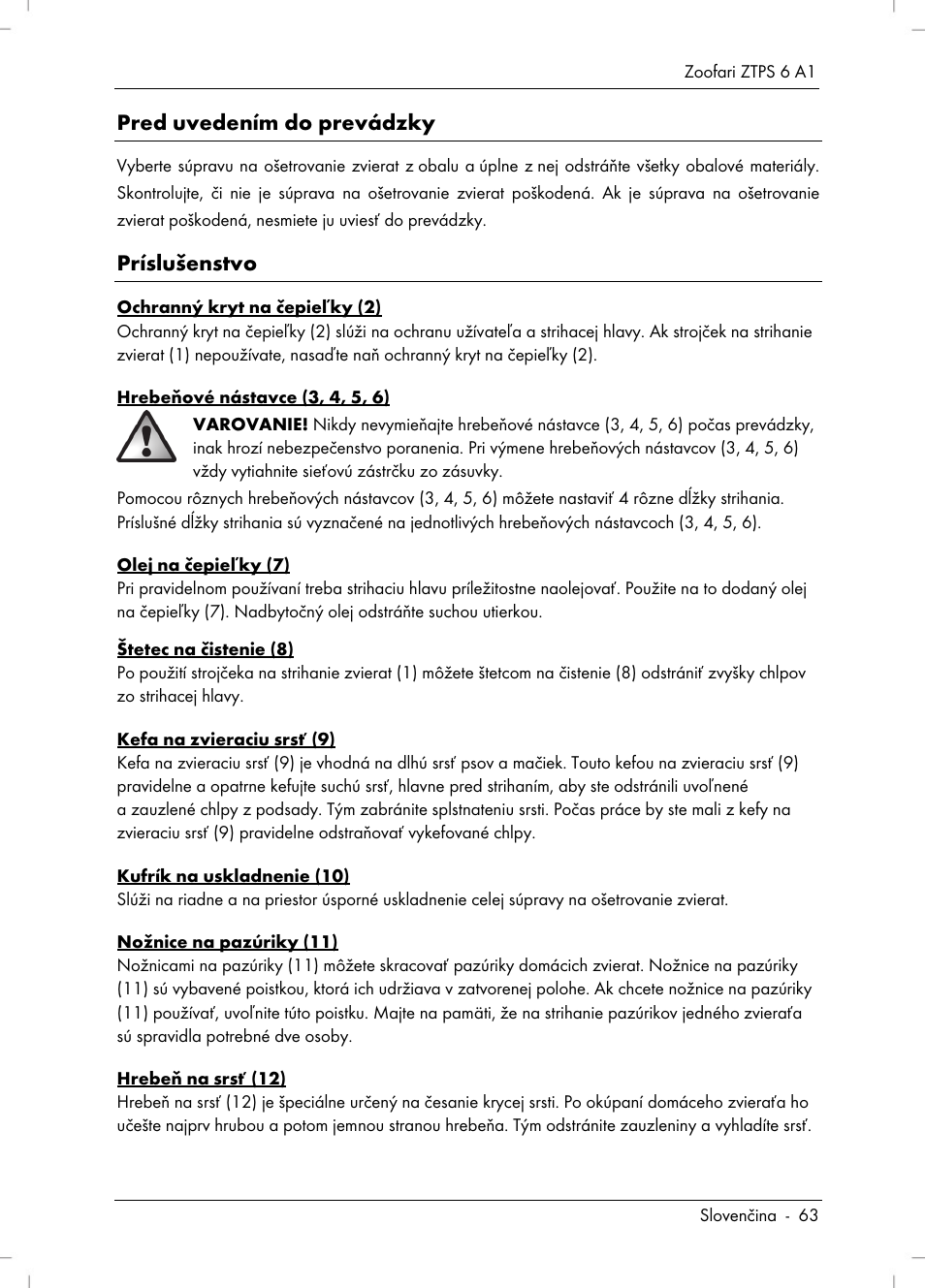 Pred uvedením do prevádzky, Príslušenstvo | Zoofari Pet Grooming Set ZTPS 6 A1 User Manual | Page 65 / 84