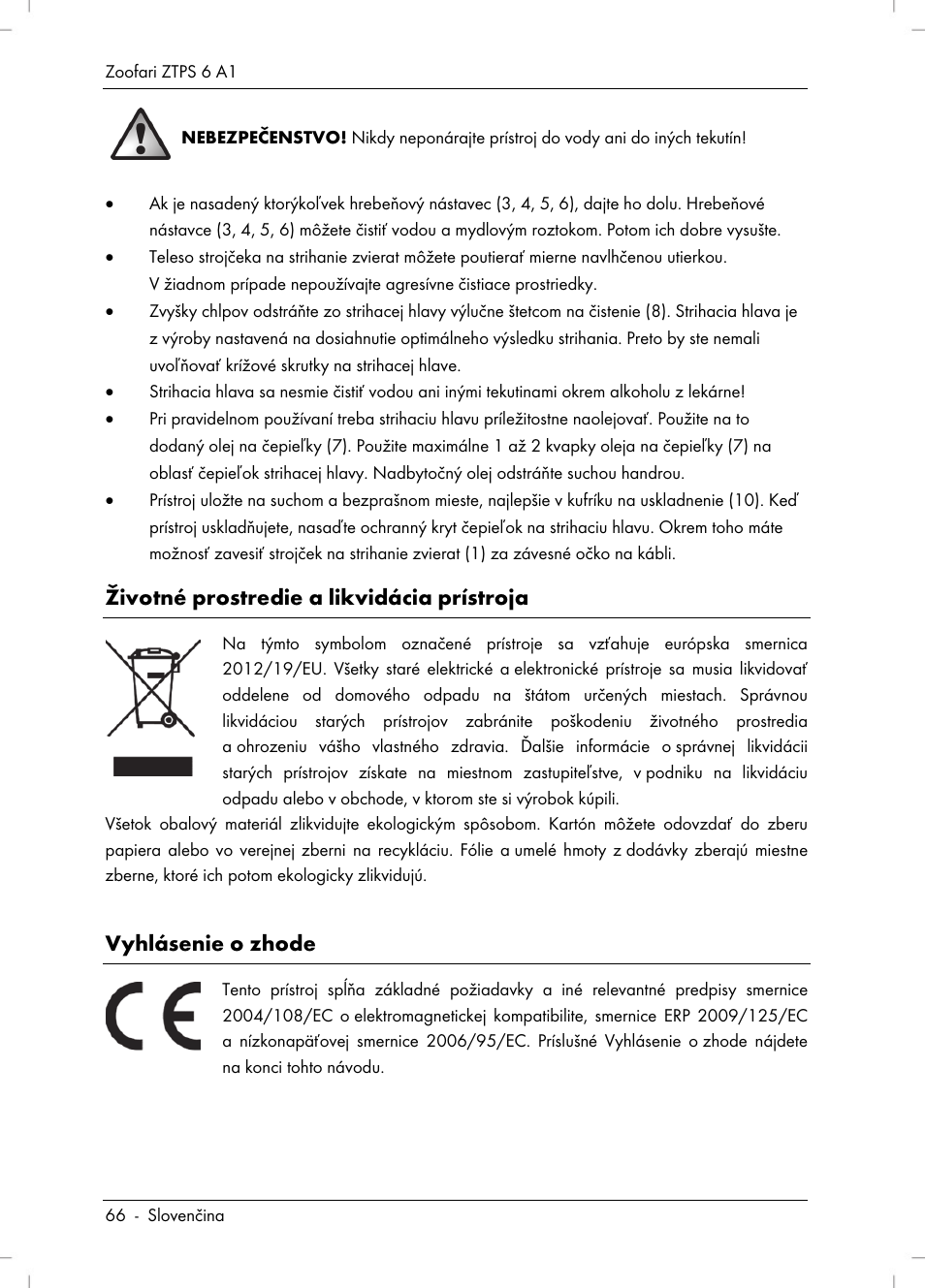 Životné prostredie a likvidácia prístroja, Vyhlásenie o zhode | Zoofari Pet Grooming Set ZTPS 6 A1 User Manual | Page 68 / 84