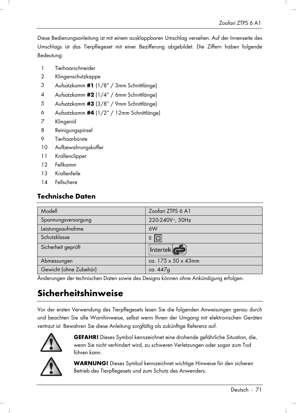 Sicherheitshinweise, Technische daten | Zoofari Pet Grooming Set ZTPS 6 A1 User Manual | Page 73 / 84