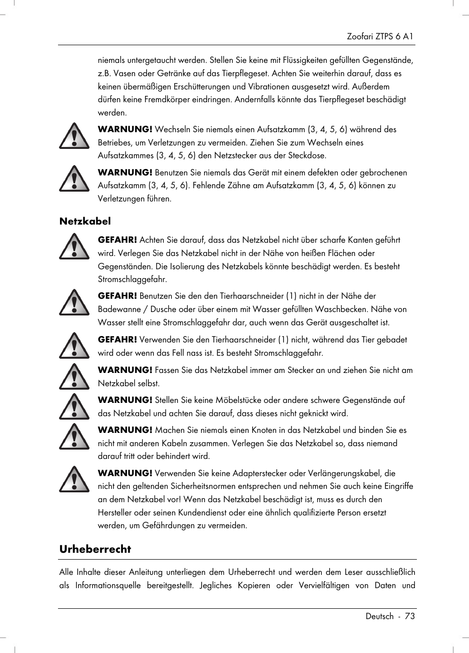 Urheberrecht | Zoofari Pet Grooming Set ZTPS 6 A1 User Manual | Page 75 / 84