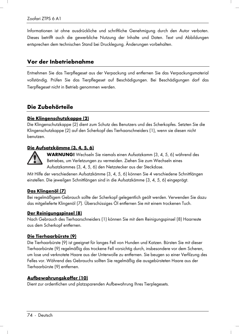Vor der inbetriebnahme, Die zubehörteile | Zoofari Pet Grooming Set ZTPS 6 A1 User Manual | Page 76 / 84