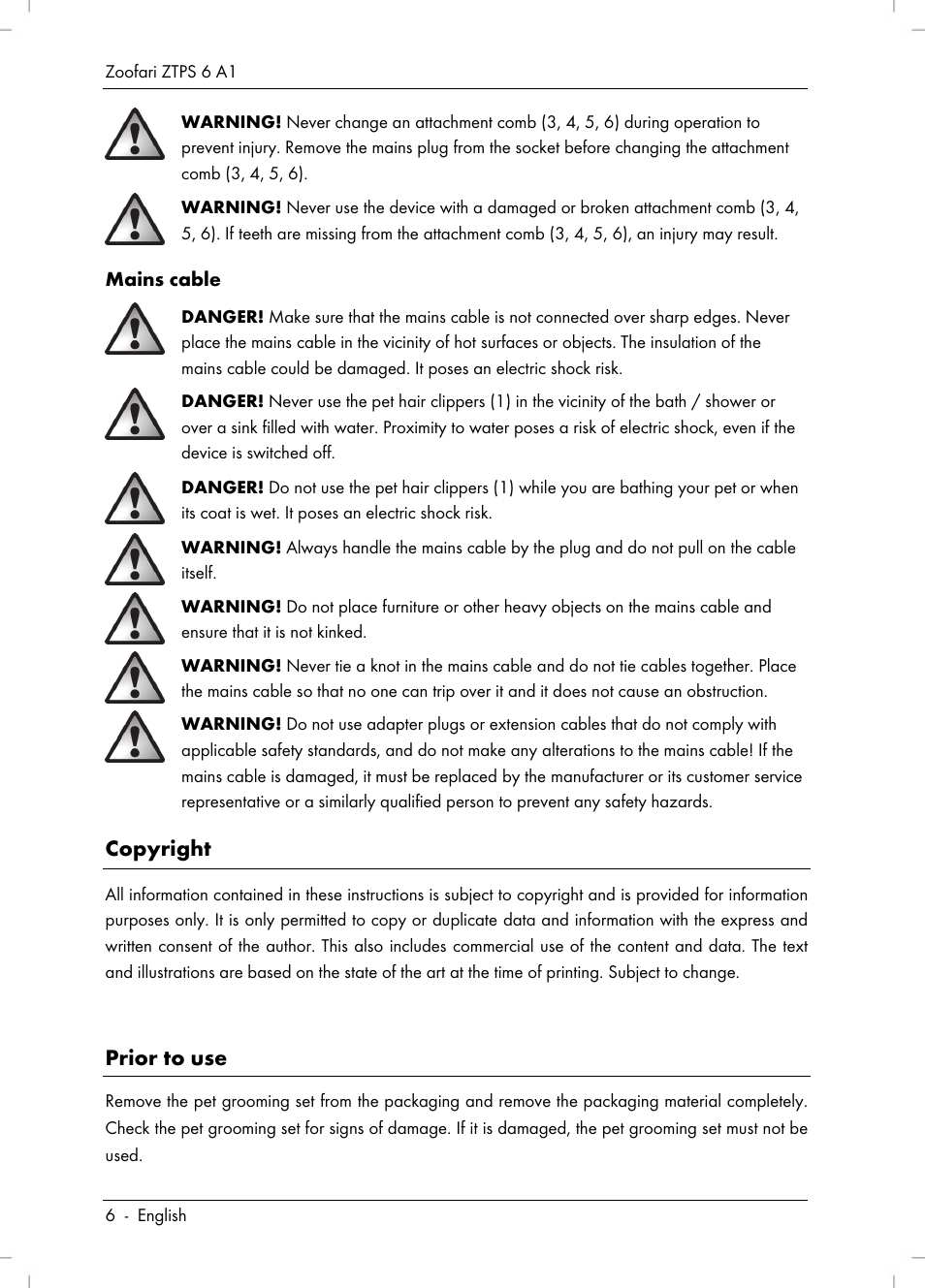 Copyright, Prior to use | Zoofari Pet Grooming Set ZTPS 6 A1 User Manual | Page 8 / 84