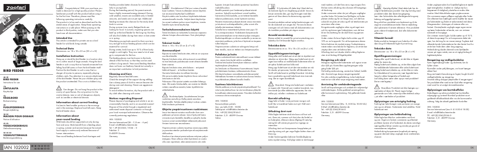 Zoofari Bird Feeder User Manual | 2 pages