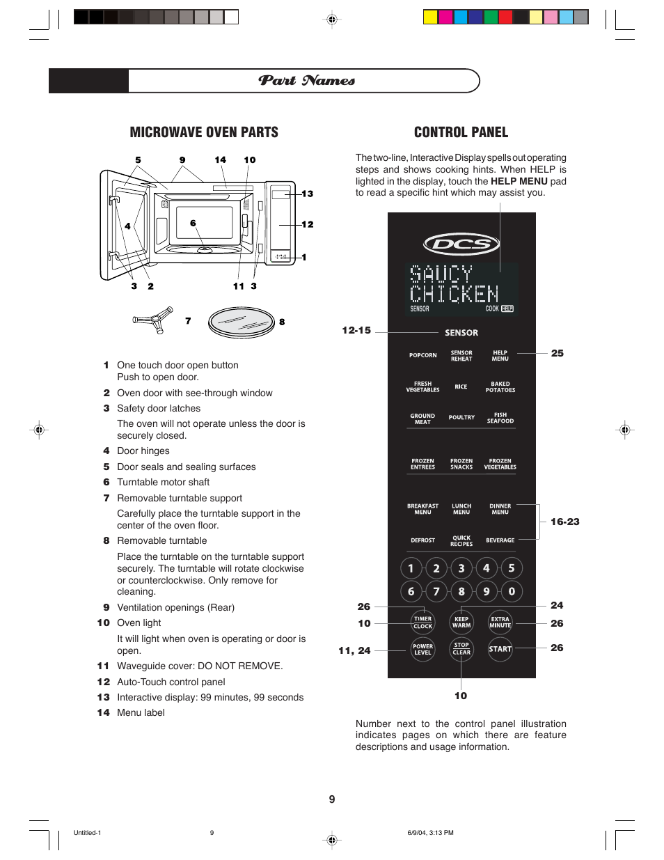 Part names, Microwave oven parts, Control panel | DCS MO-24SS User Manual | Page 10 / 32