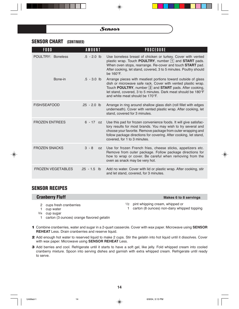 Sensor, Sensor chart, Sensor recipes | Cranberry fluff | DCS MO-24SS User Manual | Page 15 / 32