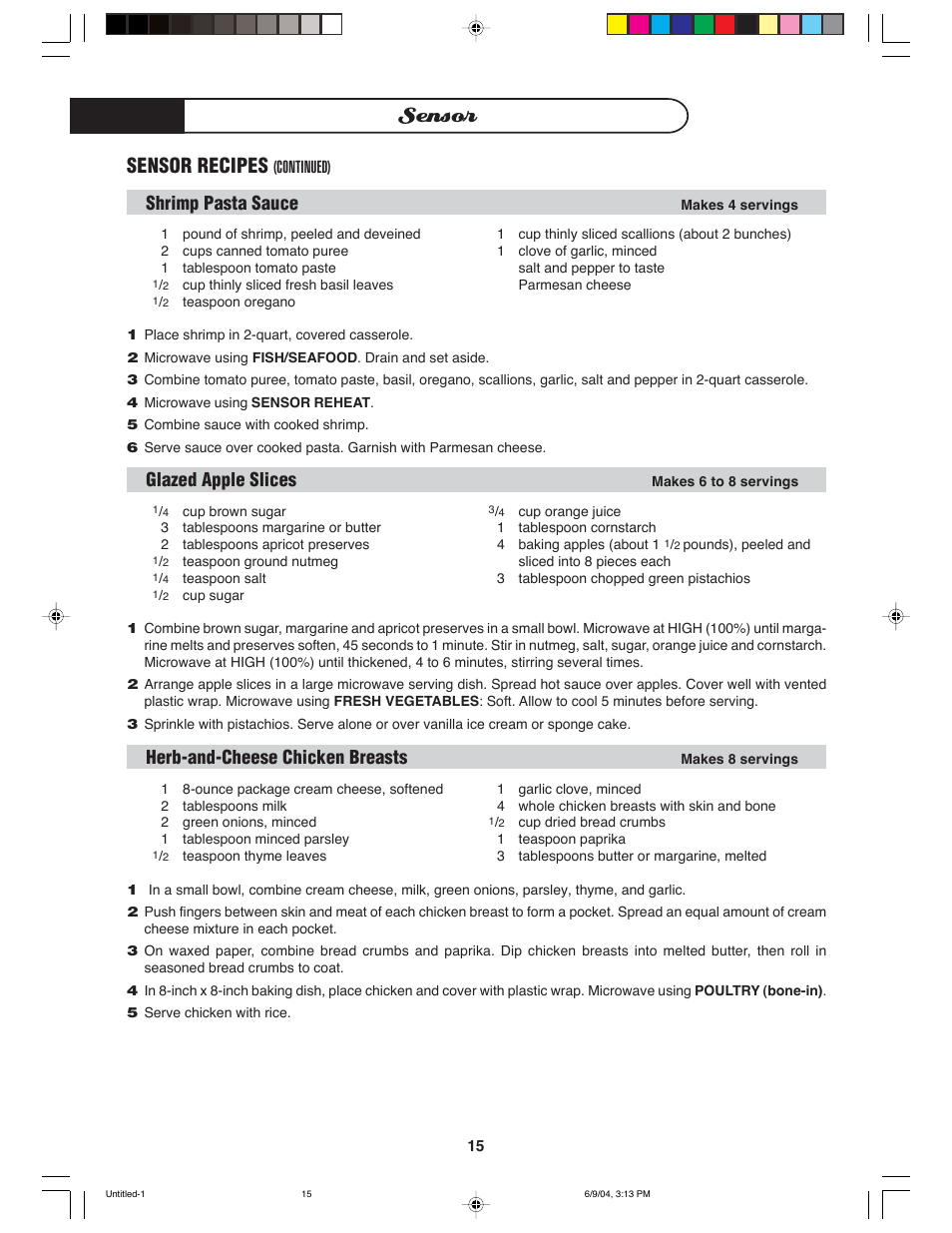 Sensor, Sensor recipes, Shrimp pasta sauce | Glazed apple slices, Herb-and-cheese chicken breasts, Continued) | DCS MO-24SS User Manual | Page 16 / 32