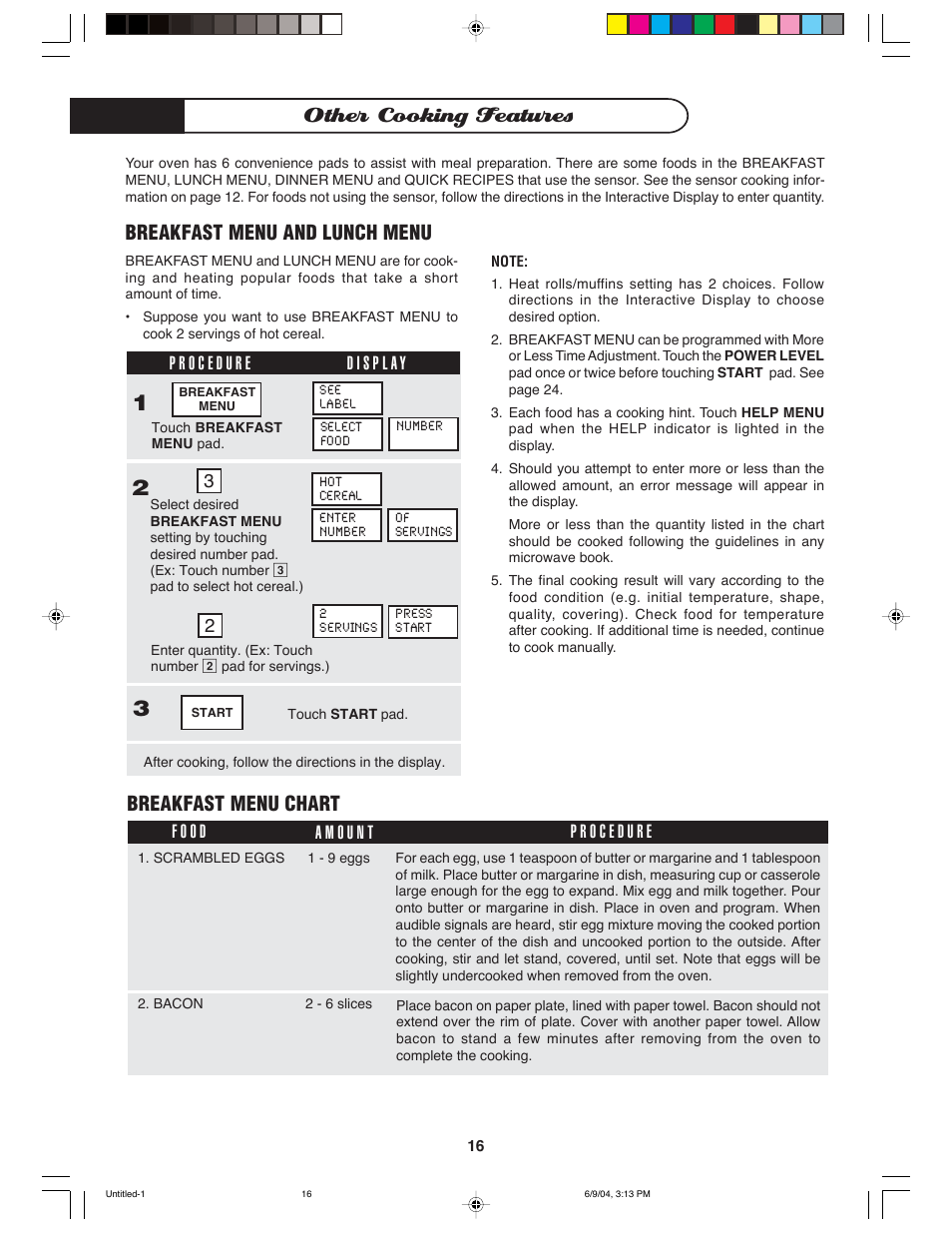 Other cooking features, Breakfast menu chart, Breakfast menu and lunch menu | DCS MO-24SS User Manual | Page 17 / 32