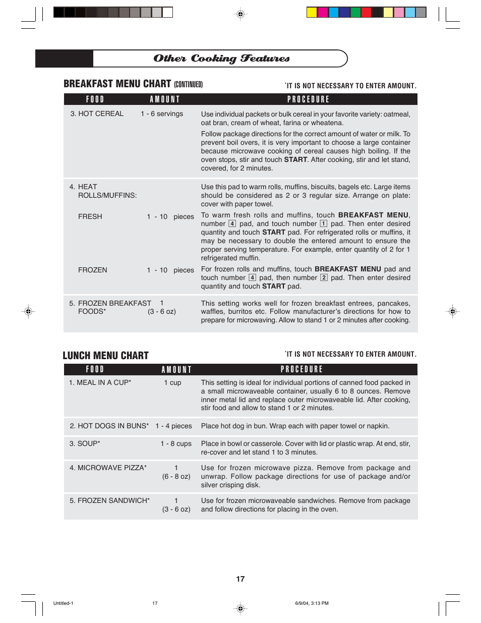 Other cooking features, Breakfast menu chart, Lunch menu chart | DCS MO-24SS User Manual | Page 18 / 32