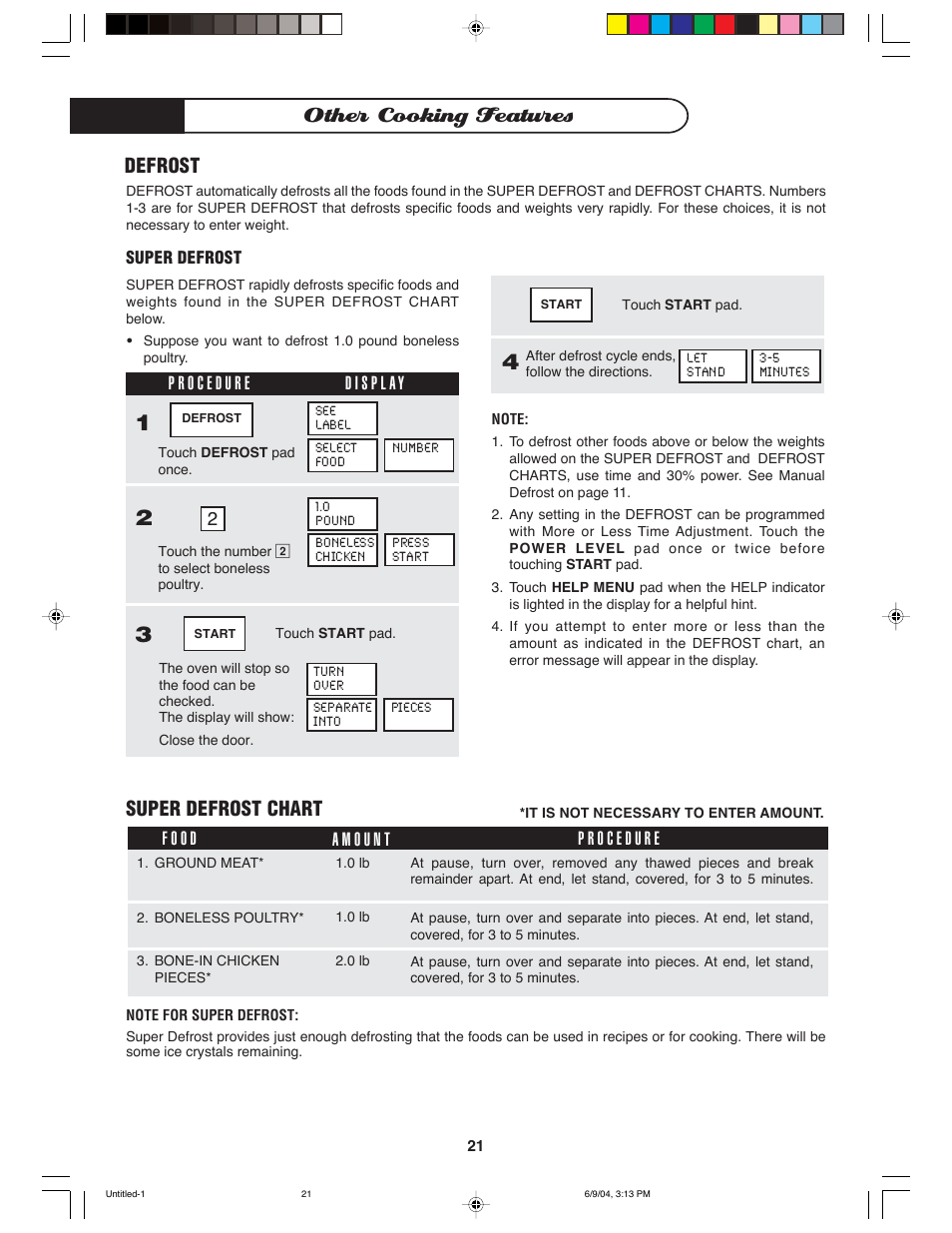 Other cooking features, Defrost, Super defrost chart | DCS MO-24SS User Manual | Page 22 / 32