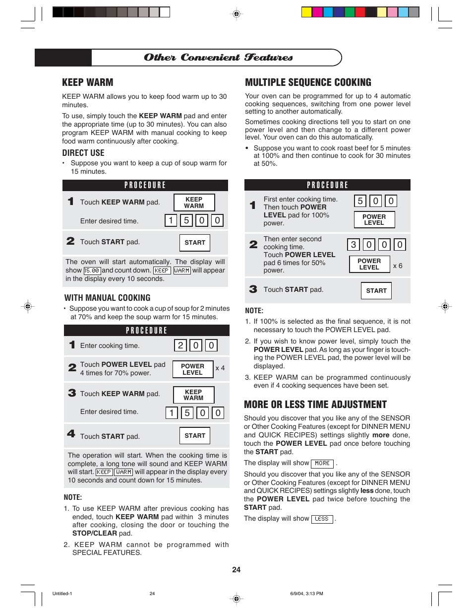 Other convenient features, Multiple sequence cooking, Keep warm | More or less time adjustment | DCS MO-24SS User Manual | Page 25 / 32