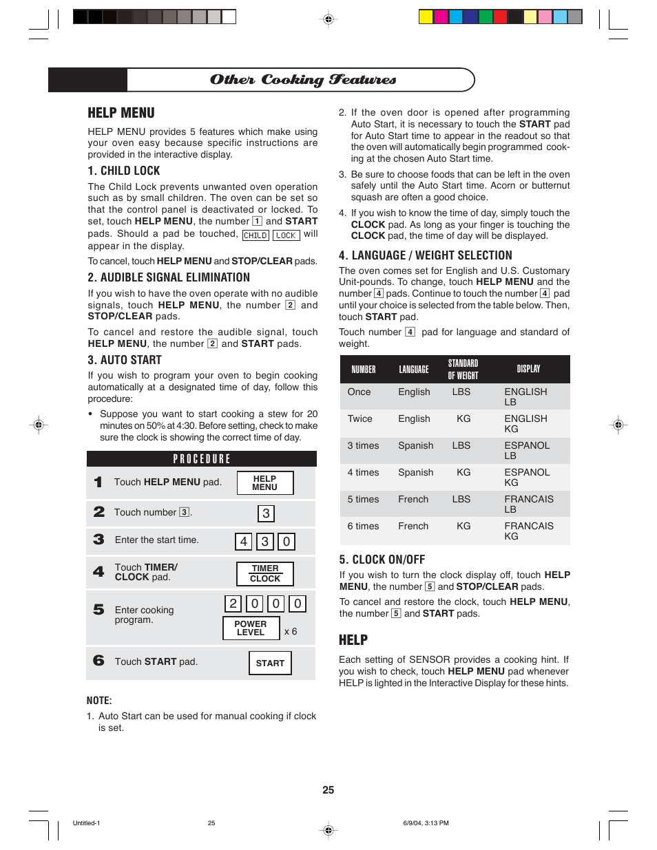 Other cooking features, Help, Help menu | DCS MO-24SS User Manual | Page 26 / 32