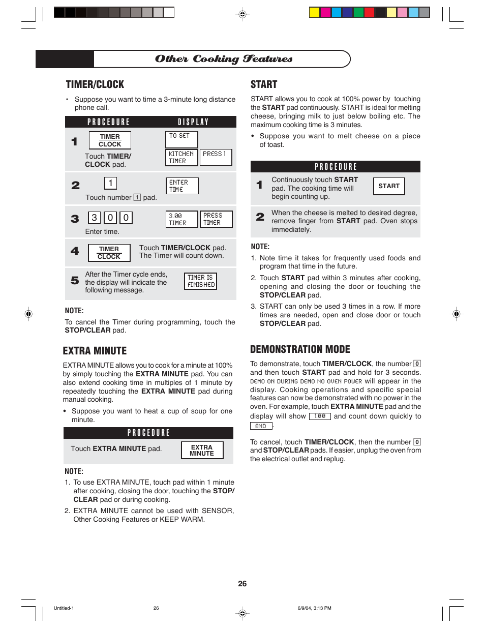 Other cooking features, Start, Extra minute | Demonstration mode, Timer/clock | DCS MO-24SS User Manual | Page 27 / 32