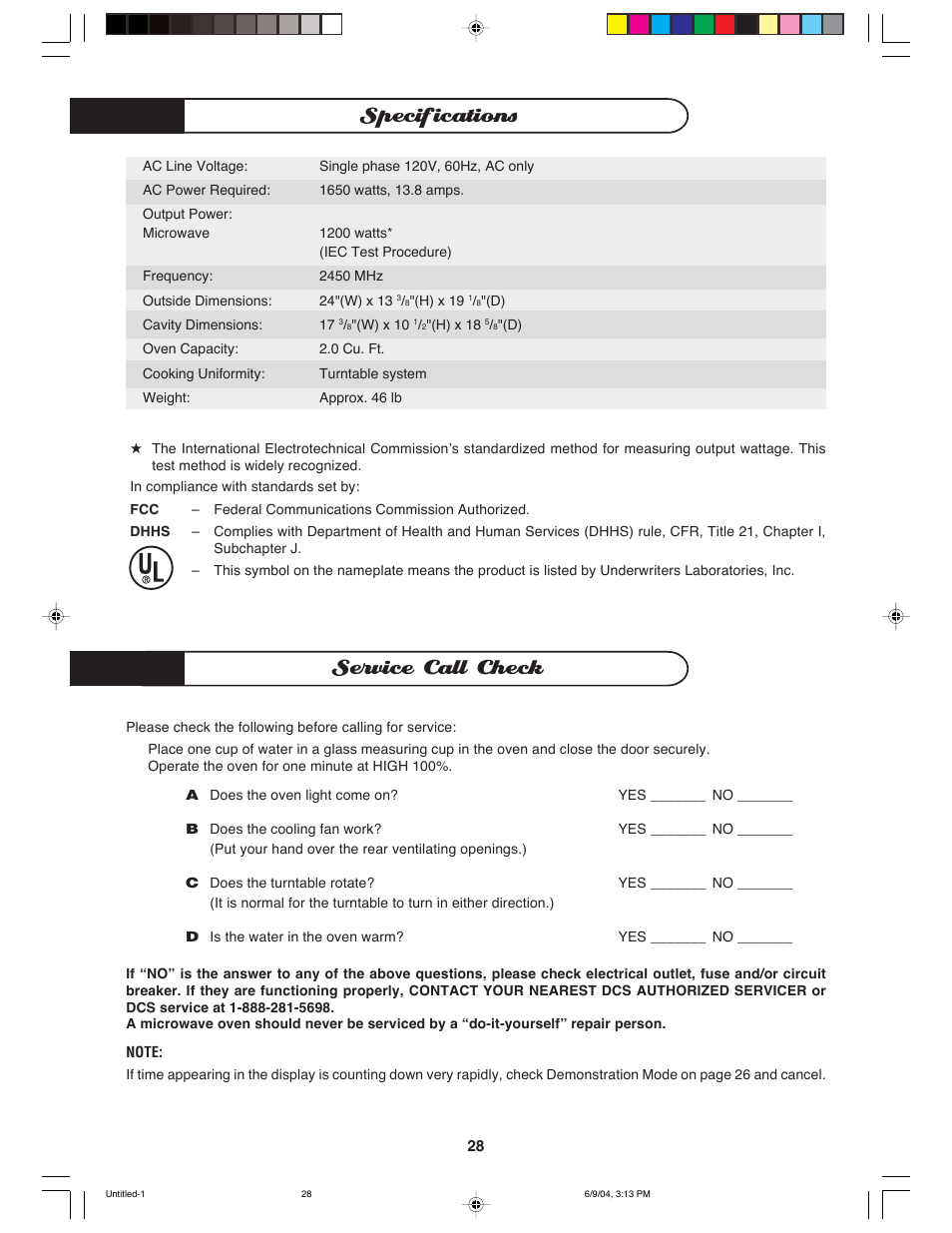 Service call check, Specifications | DCS MO-24SS User Manual | Page 29 / 32