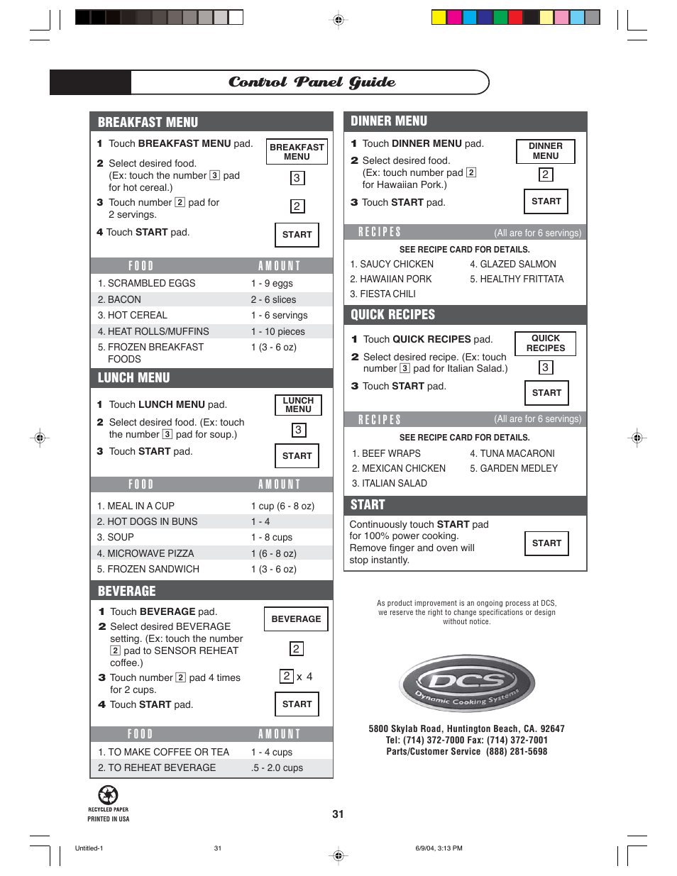 Control panel guide, Start, Lunch menu | Beverage, Dinner menu, Quick recipes, Breakfast menu | DCS MO-24SS User Manual | Page 32 / 32