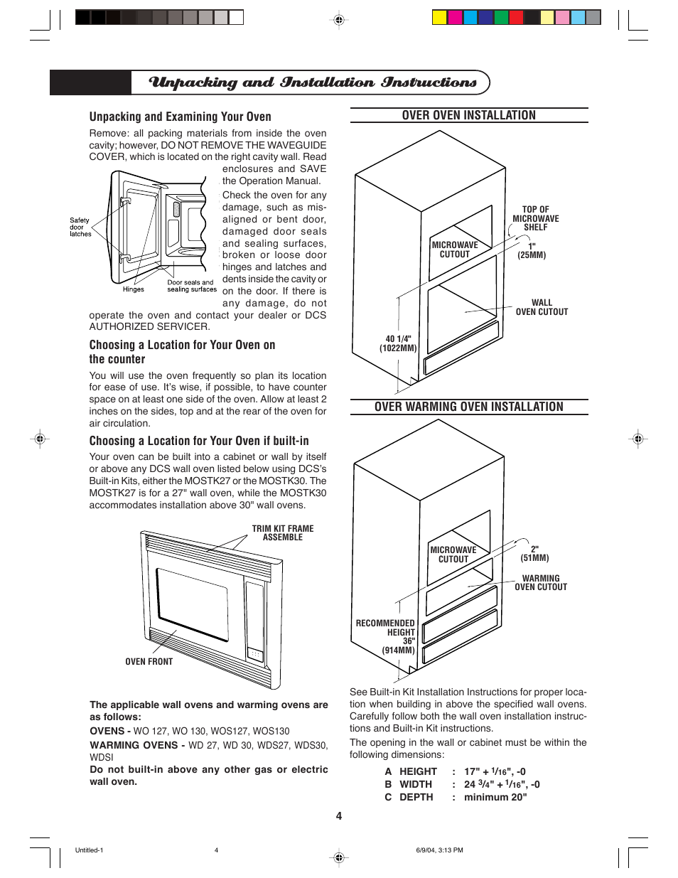 Unpacking and installation instructions, Unpacking and examining your oven, Choosing a location for your oven on the counter | Choosing a location for your oven if built-in, Over oven installation, Over warming oven installation | DCS MO-24SS User Manual | Page 5 / 32