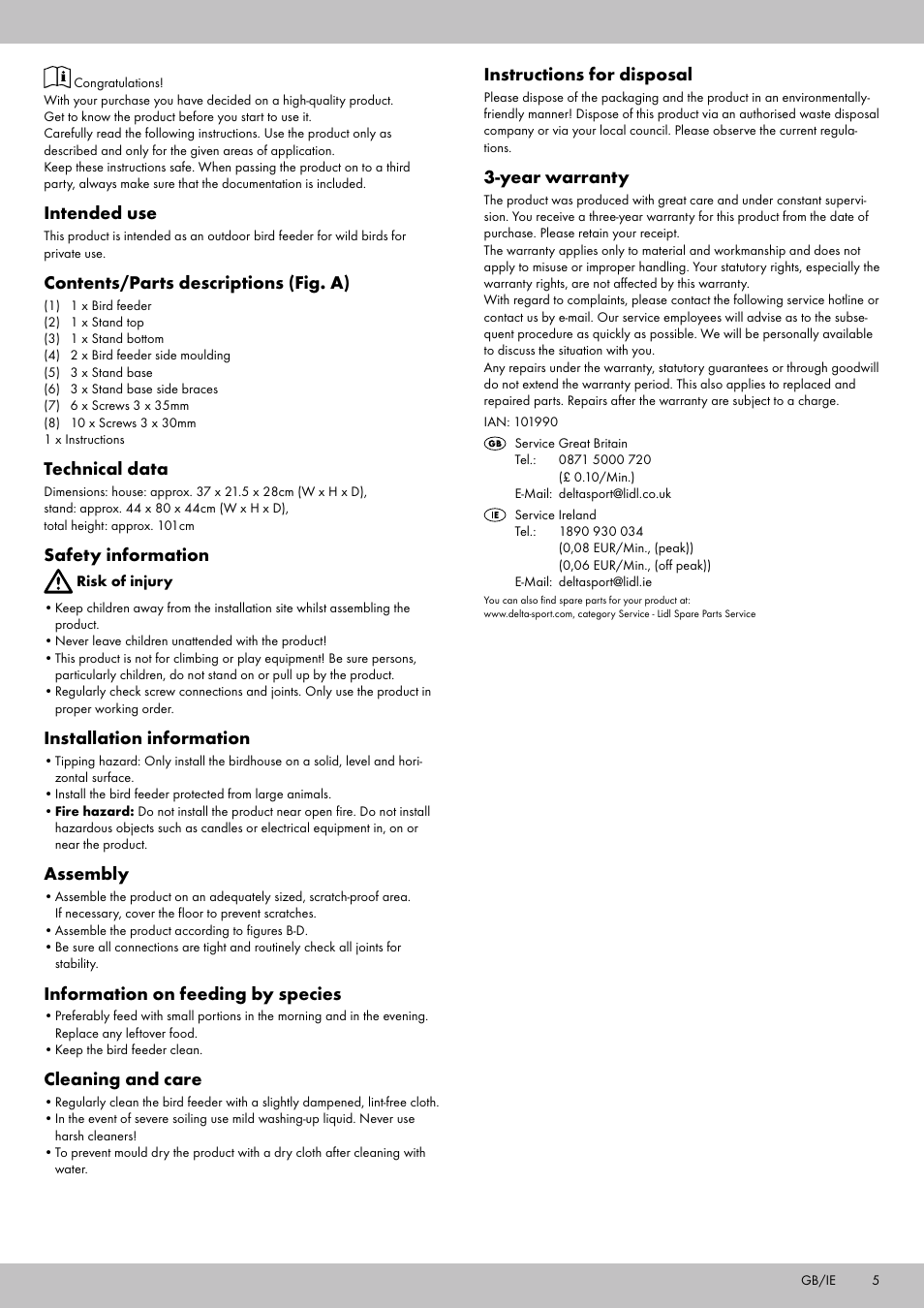 Intended use, Contents/parts descriptions (fig. a), Technical data | Safety information, Installation information, Assembly, Information on feeding by species, Cleaning and care, Instructions for disposal, Year warranty | Zoofari Bird Feeder User Manual | Page 3 / 10