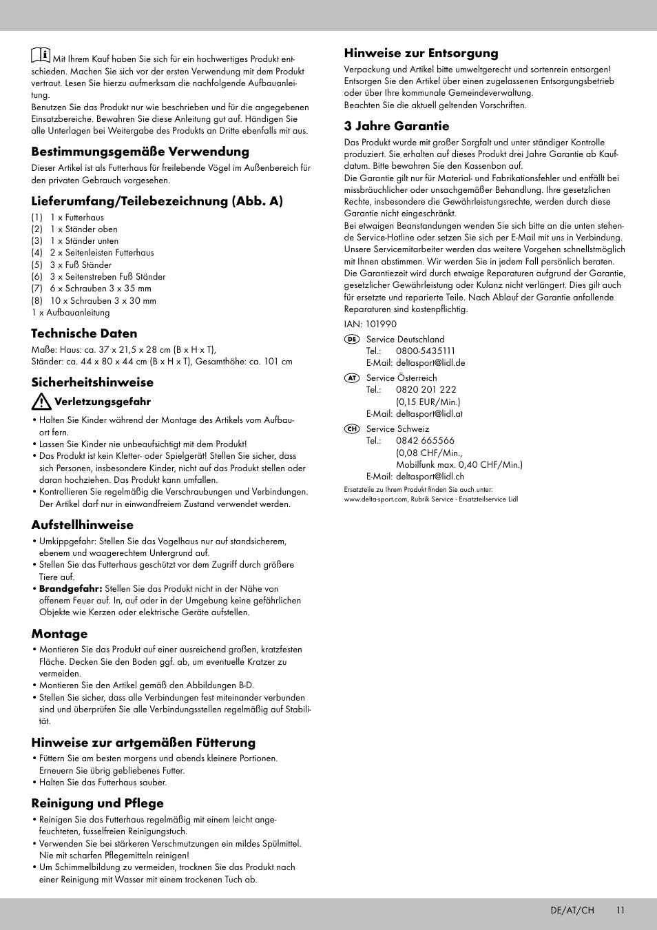 Bestimmungsgemäße verwendung, Lieferumfang/teilebezeichnung (abb. a), Technische daten | Sicherheitshinweise, Aufstellhinweise, Montage, Hinweise zur artgemäßen fütterung, Reinigung und pflege, Hinweise zur entsorgung, 3 jahre garantie | Zoofari Bird Feeder User Manual | Page 9 / 10