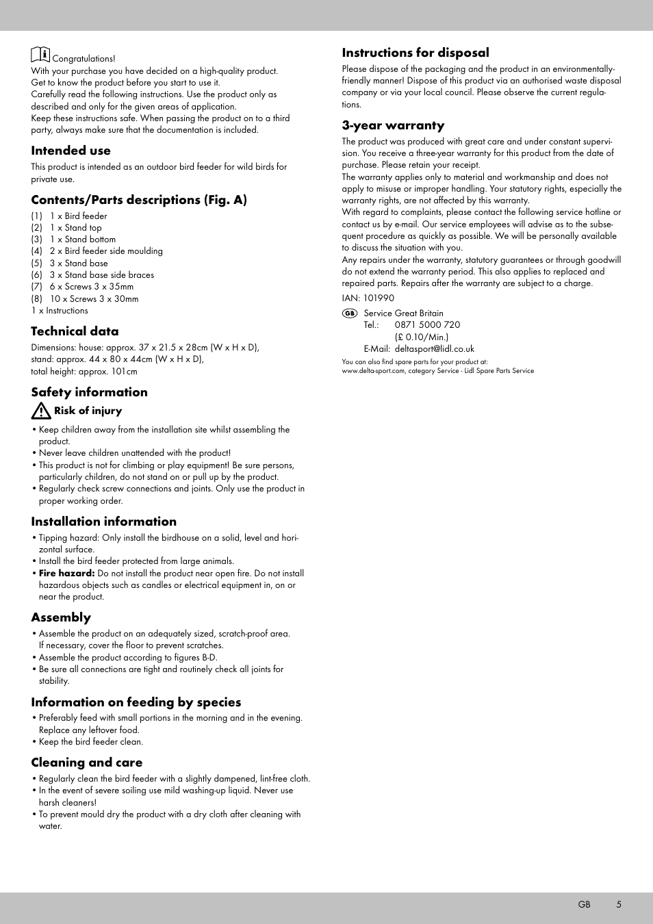 Intended use, Contents/parts descriptions (fig. a), Technical data | Safety information, Installation information, Assembly, Information on feeding by species, Cleaning and care, Instructions for disposal, Year warranty | Zoofari Bird Feeder User Manual | Page 3 / 10