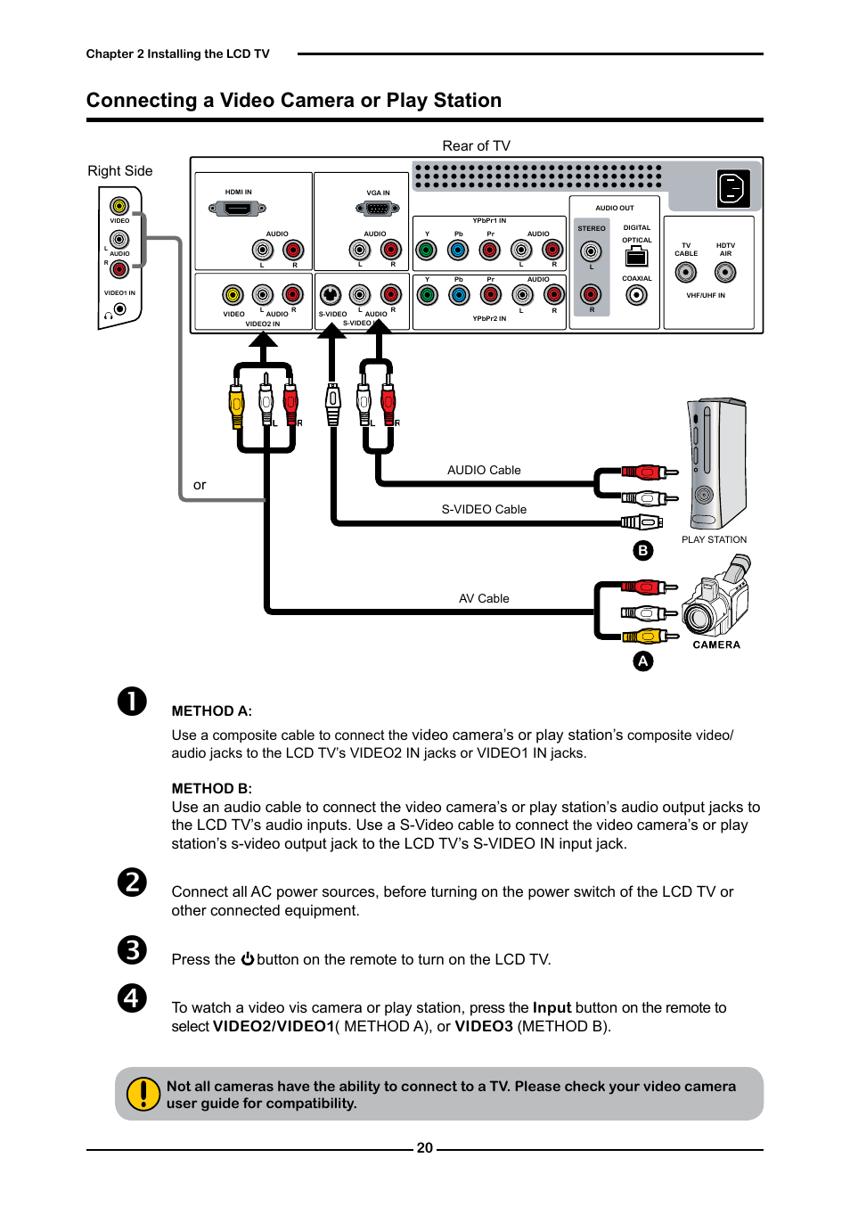 Connecting a video camera or play station, Video camera’s or play station’s | Dolby Laboratories Flat Panel Television User Manual | Page 22 / 44