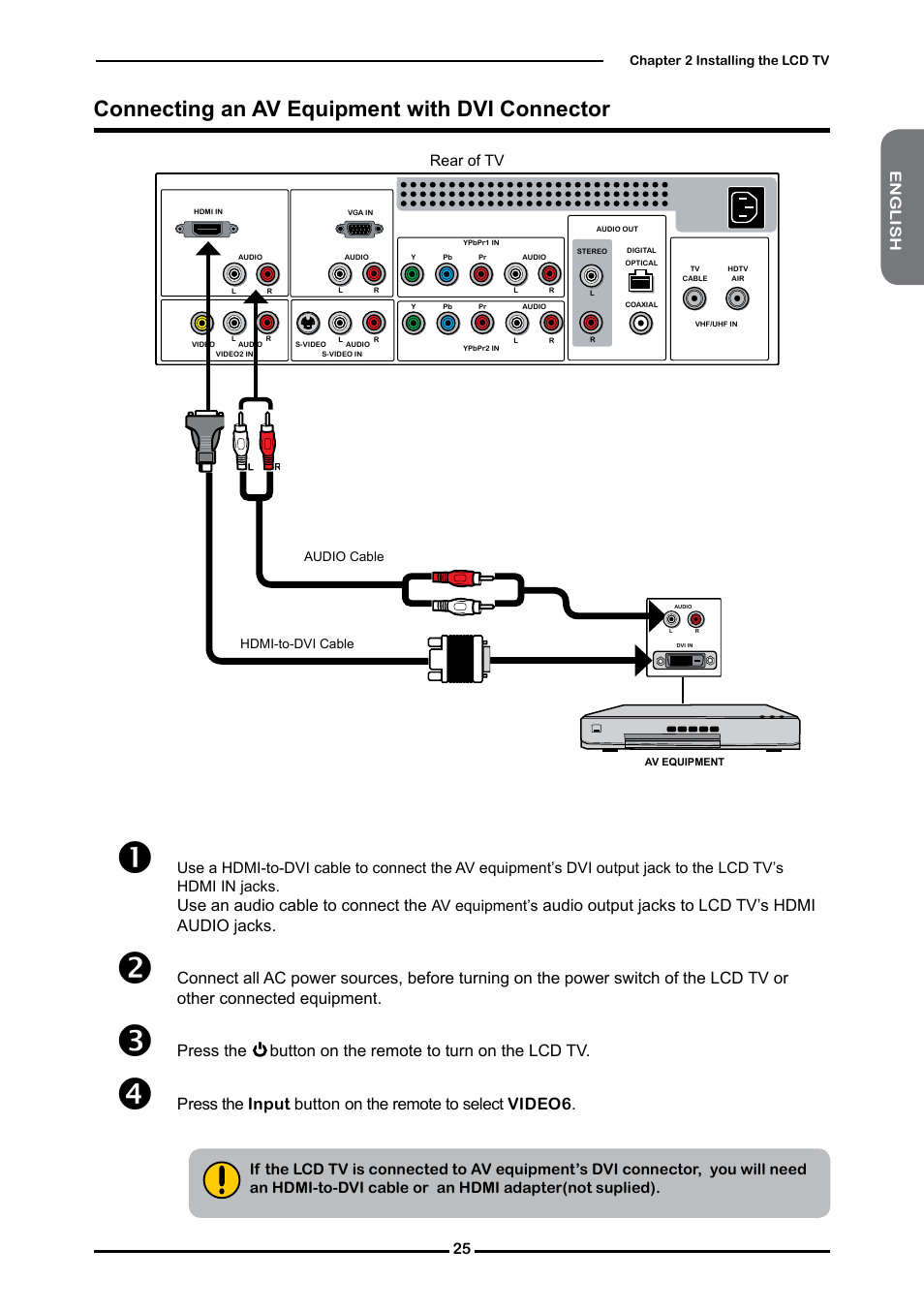 Connecting an av equipment with dvi connector, Use an audio cable to connect the, Audio output jacks to lcd tv’s hdmi audio jacks | Dolby Laboratories Flat Panel Television User Manual | Page 27 / 44