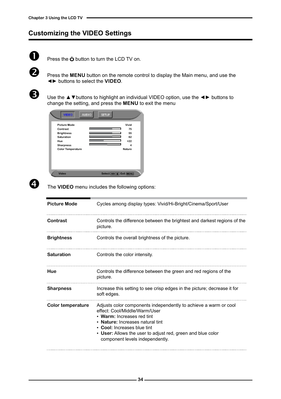 Customizing the video settings | Dolby Laboratories Flat Panel Television User Manual | Page 36 / 44