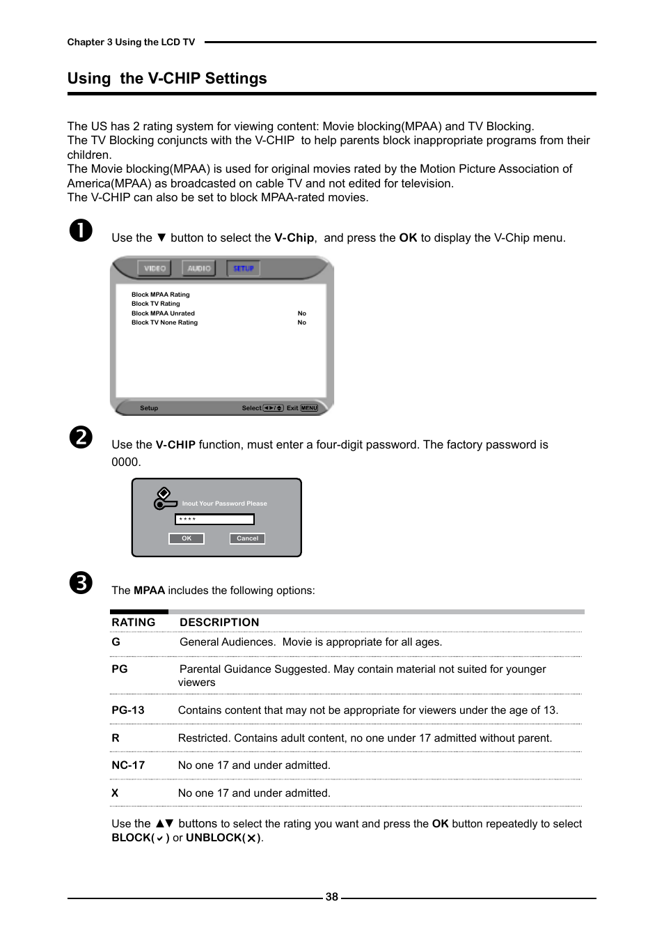 Using the v-chip settings | Dolby Laboratories Flat Panel Television User Manual | Page 40 / 44