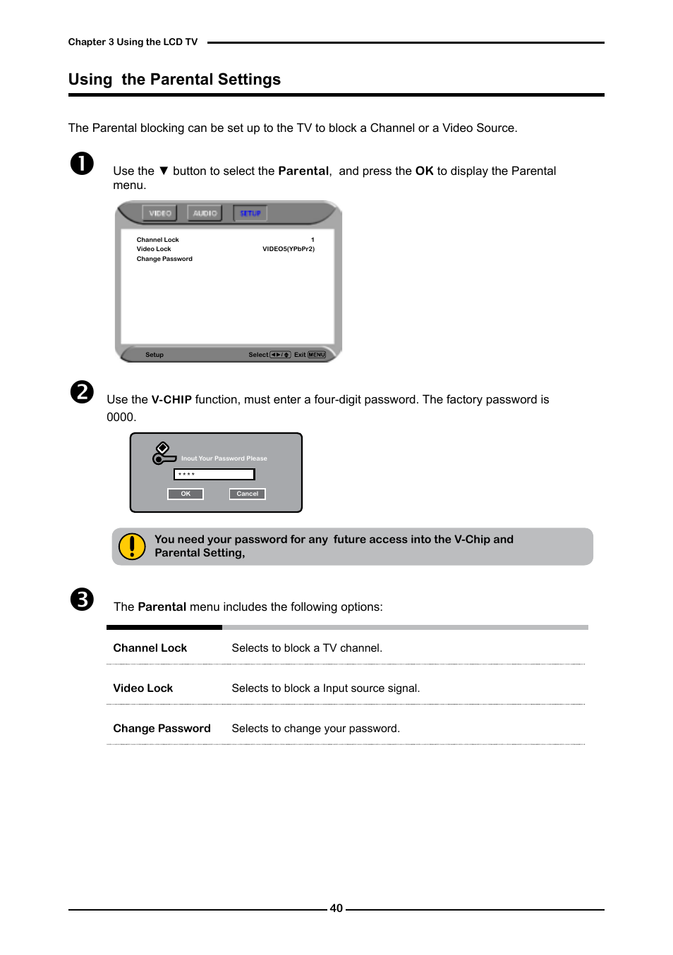 Using the parental settings | Dolby Laboratories Flat Panel Television User Manual | Page 42 / 44