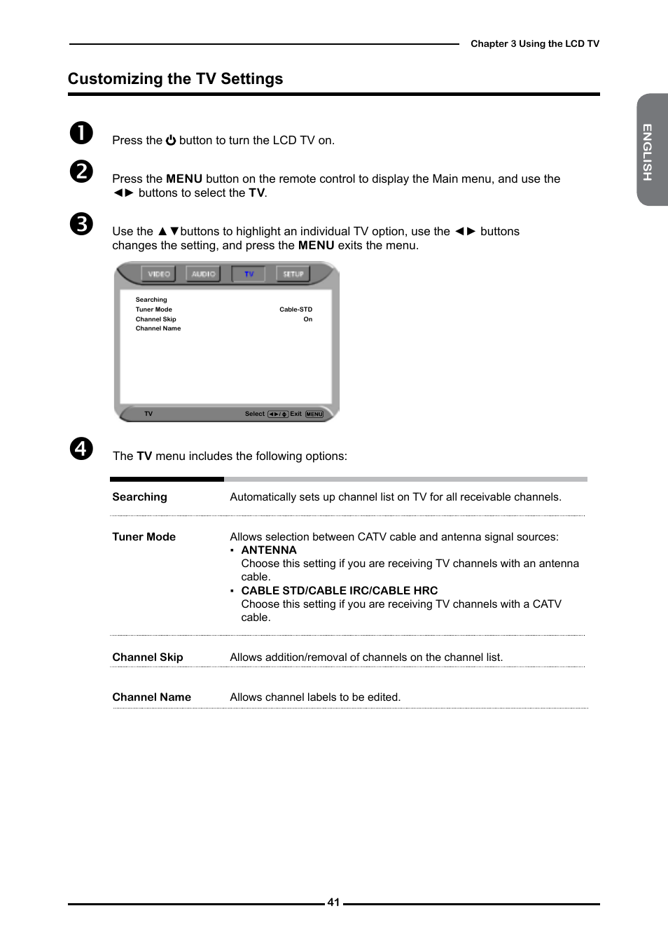 Customizing the tv settings | Dolby Laboratories Flat Panel Television User Manual | Page 43 / 44