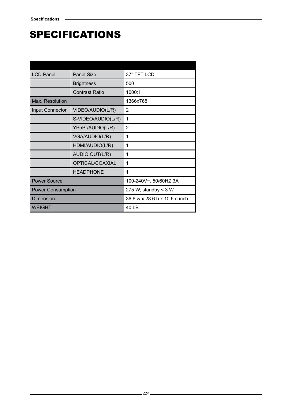 Specifications | Dolby Laboratories Flat Panel Television User Manual | Page 44 / 44