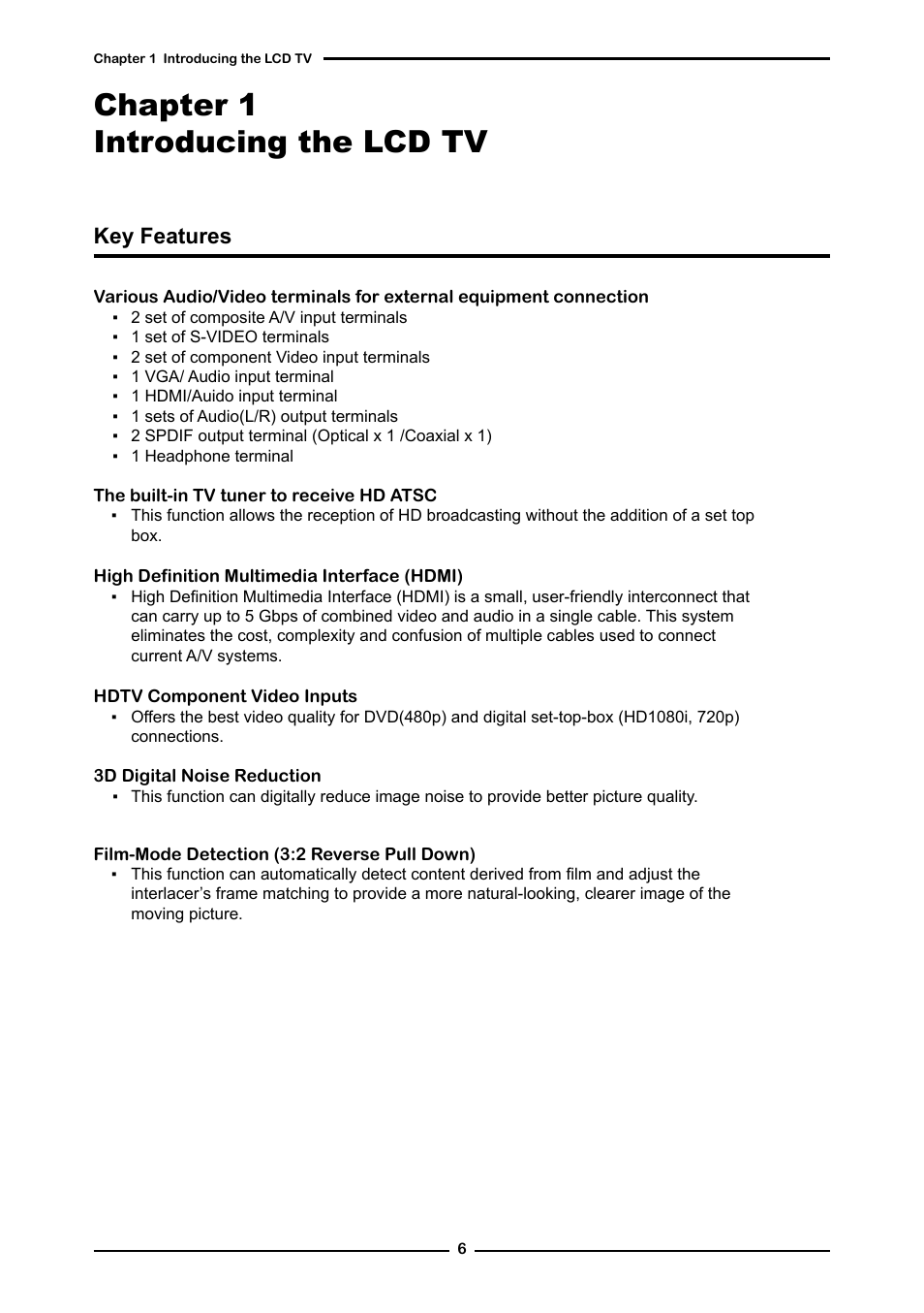Chapter 1 introducing the lcd tv, Key features | Dolby Laboratories Flat Panel Television User Manual | Page 8 / 44