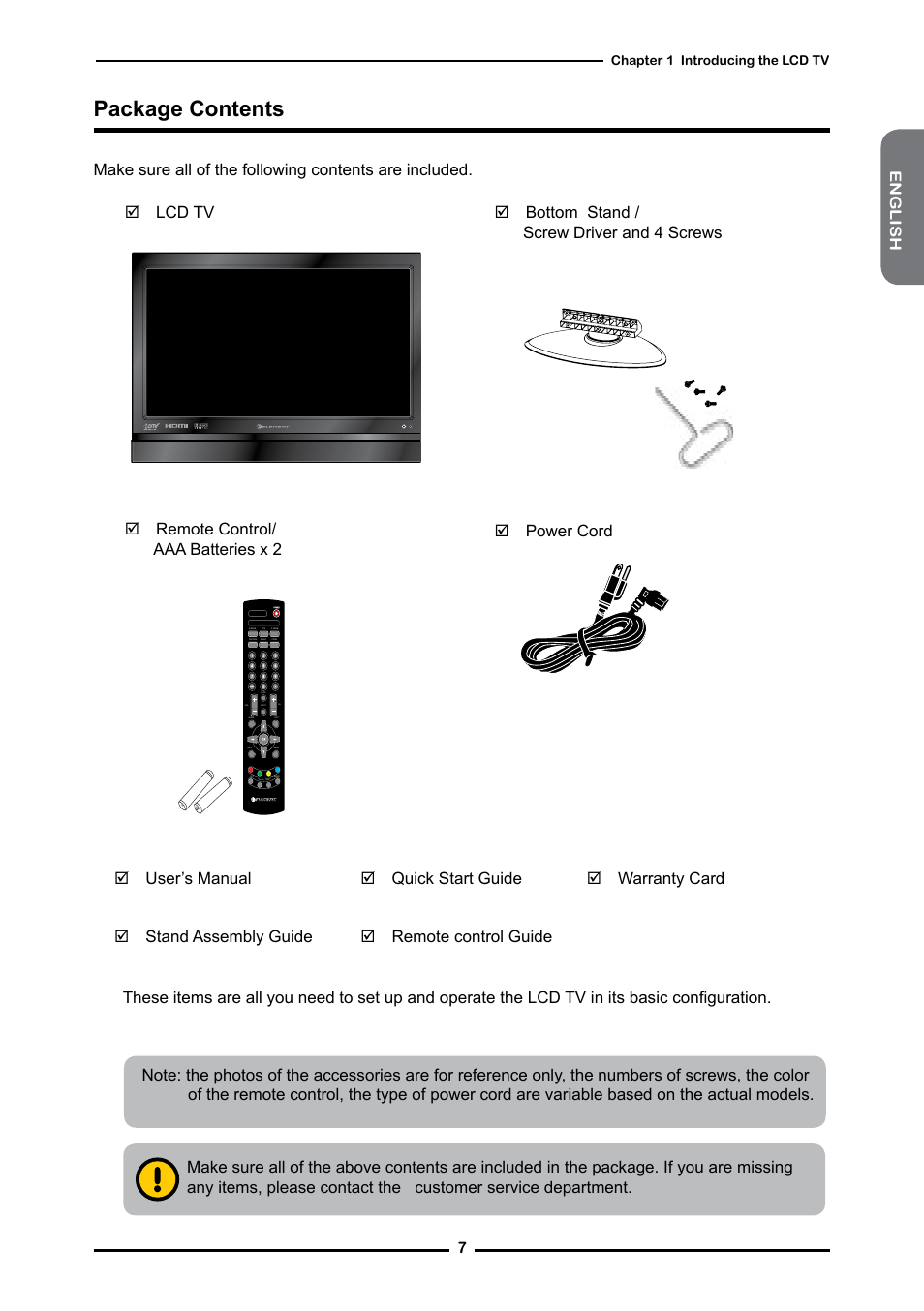 Package contents | Dolby Laboratories Flat Panel Television User Manual | Page 9 / 44