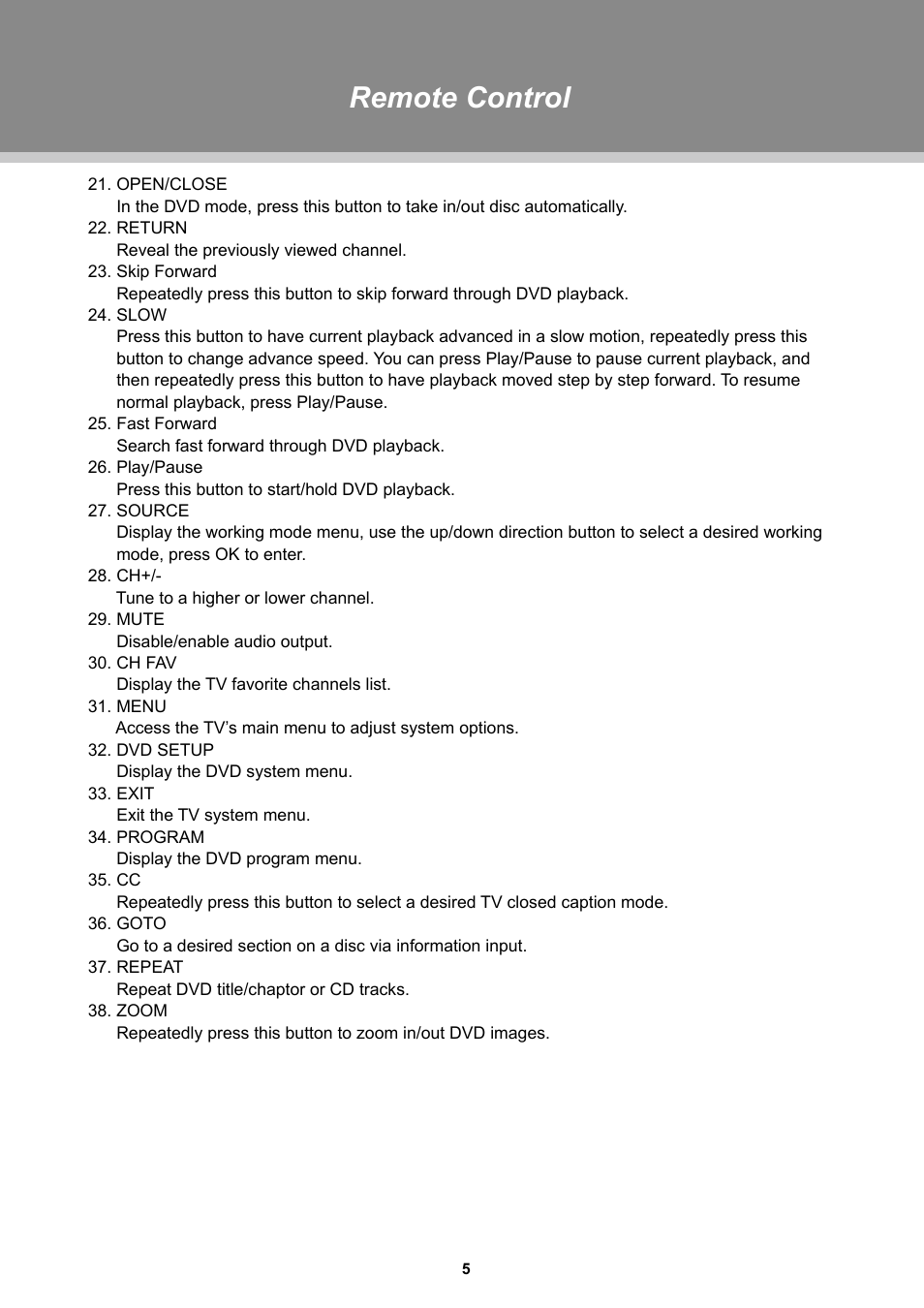 Remote control | Dolby Laboratories TFDVD 3295 User Manual | Page 10 / 30