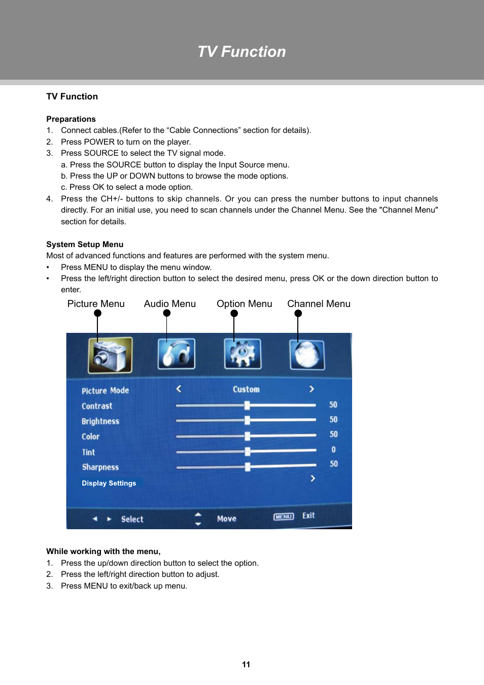 Tv function | Dolby Laboratories TFDVD 3295 User Manual | Page 16 / 30